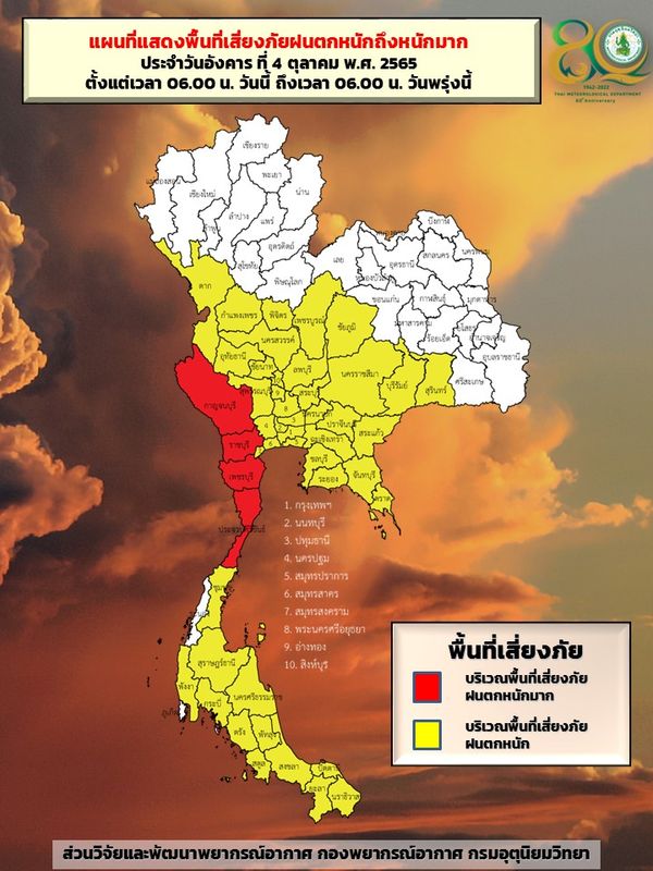 สภาพอากาศวันนี้ อุตุฯประกาศพื้นที่เสี่ยงภัยระดับสีแดง 4 จังหวัด ฝนตกหนักมาก!