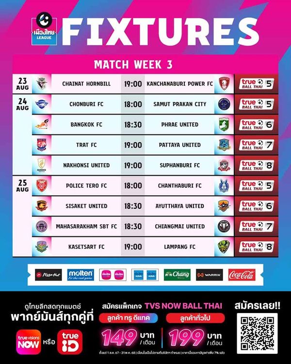 โปรแกรมแข่งขัน พร้อมช่องถ่ายทอดสด ไทยลีก 2024/25 สัปดาห์ที่ 3