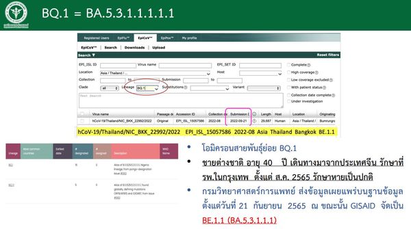 กรมวิทย์ฯ แจงไทยพบโควิด BQ.1 รายแรก เมื่อ ส.ค.ชี้เป็นสายพันธุ์ที่ต้องจับตา