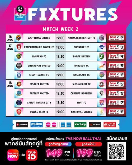 โปรแกรมแข่งขัน พร้อมช่องถ่ายทอดสด ไทยลีก 2024/25 สัปดาห์ที่ 2