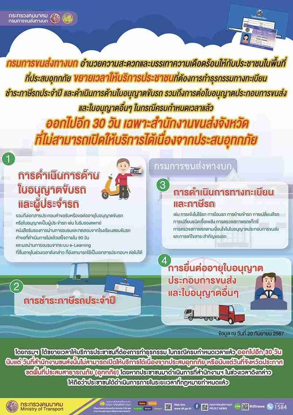 พื้นที่น้ำท่วม! ขนส่งฯ ขยายเวลา ชำระภาษีรถประจำปี ต่อใบขับขี่ ออกไปอีก 30 วัน