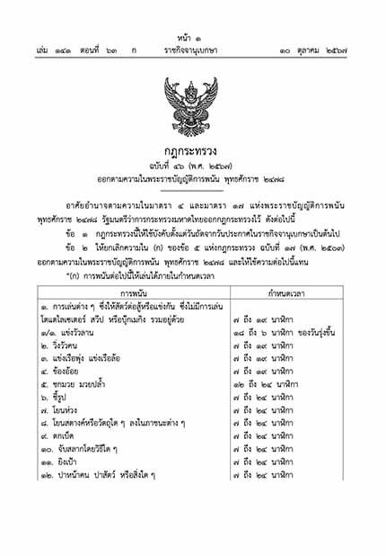 ราชกิจจาฯ ประกาศ “การพนัน 23 ชนิด” เล่นได้ภายในเวลาที่กำหนด 