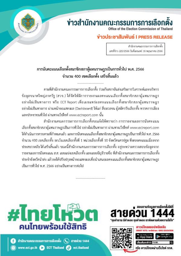 เลือกตั้ง 2566 กกต.นับคะแนนเลือกตั้ง 400 เขตเสร็จแล้ว จ่อประกาศทางการ