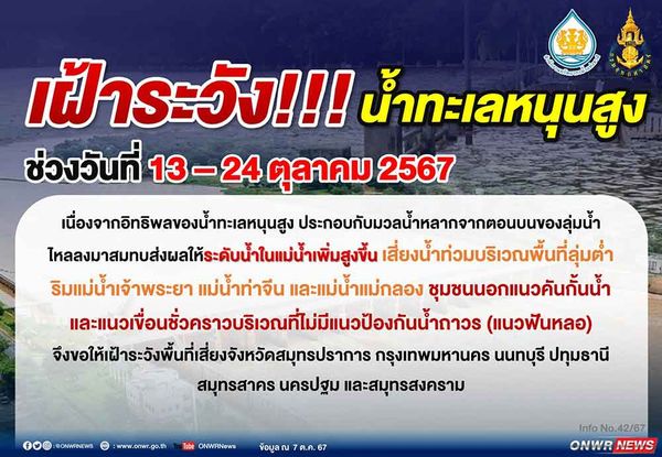 เตือนพื้นที่เสี่ยง 7 จังหวัด เฝ้าระวังน้ำทะเลหนุนสูง ช่วง 13-24 ต.ค. 2567