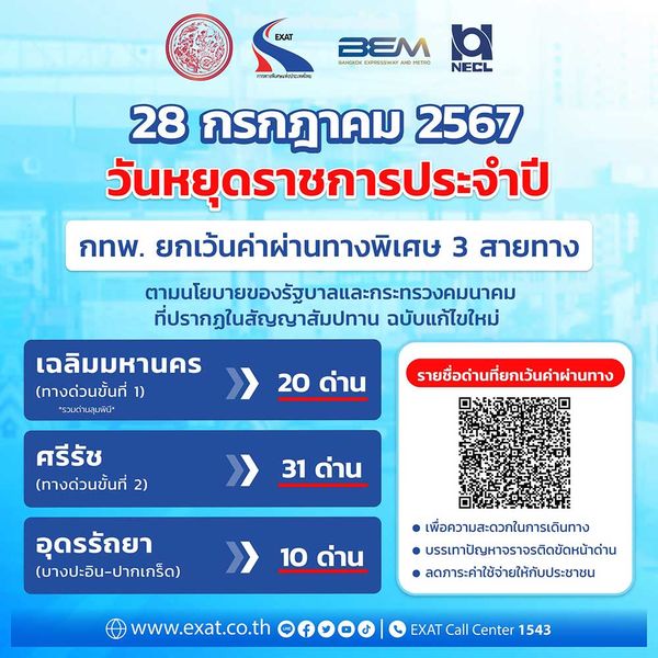 วันหยุด 28 กรกฎาคม 2567 ข่าวดี ขึ้นทางด่วนฟรี 3 สายทาง