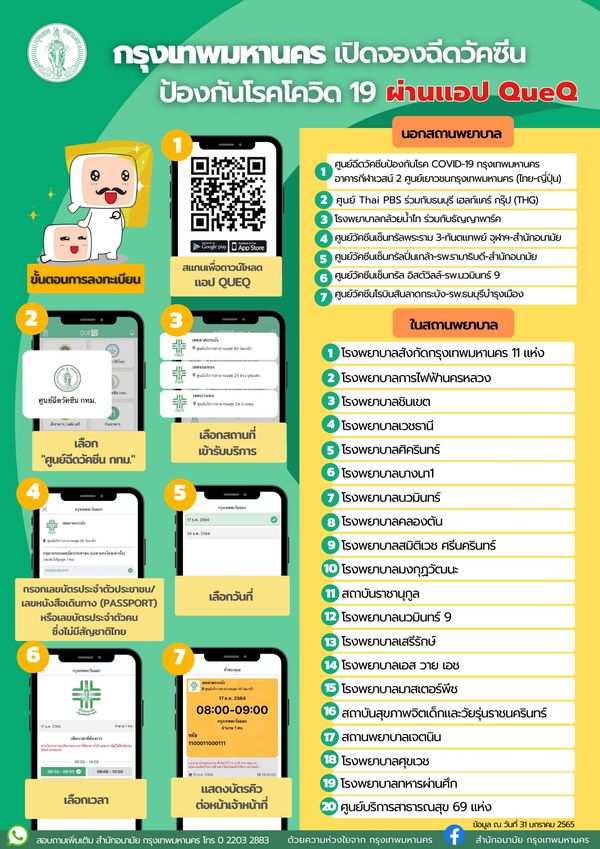 กทม.เปิดจองคิวฉีดวัคซีนโควิด-19 ผ่านแอปฯ QueQ หลายแห่ง เช็กเลย!