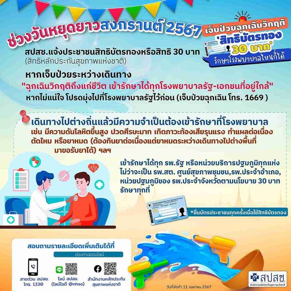 สงกรานต์ 2567 สิทธิบัตรทอง เจ็บป่วยฉุกเฉินระดับวิกฤตเข้ารักษาได้ทุก รพ.