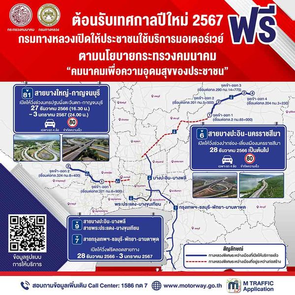 เส้นทางไหนบ้าง? เปิดแผนที่ วิ่งฟรี มอเตอร์เวย์ ช่วงเทศกาลปีใหม่ 2567