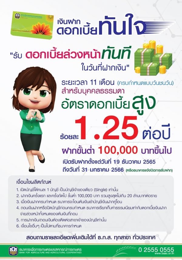 ธ.ก.ส. เปิดตัวเงินฝาก ดอกเบี้ยทันใจ ชูผลตอบแทนร้อยละ 1.25