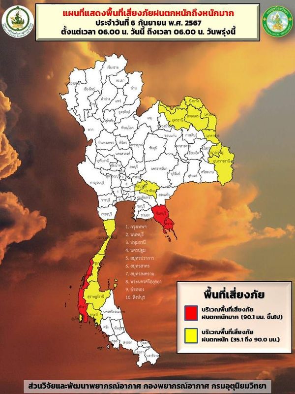 ฝนตกหนักถึงหนักมาก! กรมอุตุฯ กางแผนที่เสี่ยงภัยระดับสีเหลือง-แดง 19 จังหวัด