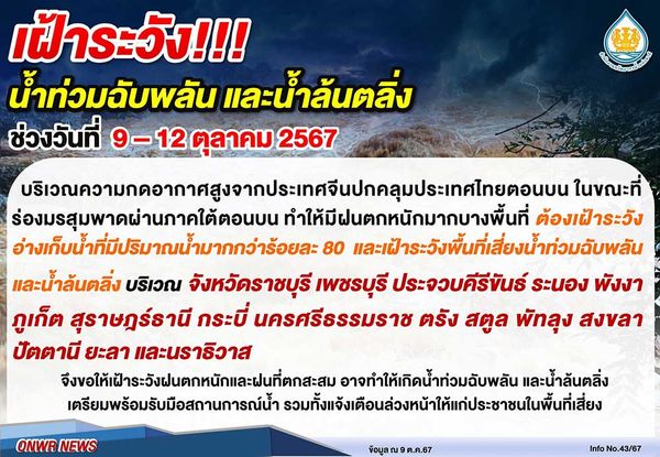 เช็กด่วน! พื้นที่เสี่ยง 16 จังหวัด ระวังน้ำท่วมฉับพลัน น้ำล้นตลิ่ง 9-12 ต.ค. 67