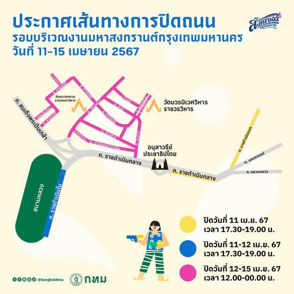 ตรวจสอบเส้นทางปิดจราจรเล่นน้ำสงกรานต์ 2567 พื้นที่กทม. แนะวางแผนการเดินทาง 