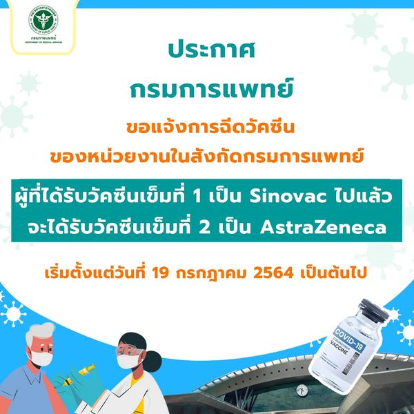 กรมการแพทย์ประกาศแนวทางฉีดวัคซีนโควิด-19 สลับยี่ห้อ