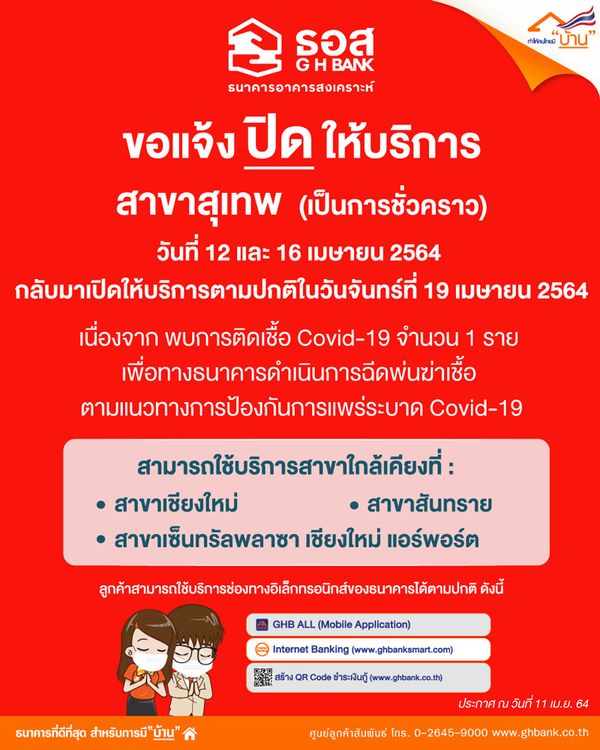 ธอส. แจ้งปิด สาขาสุเทพ พบพนักงานติดโควิด!