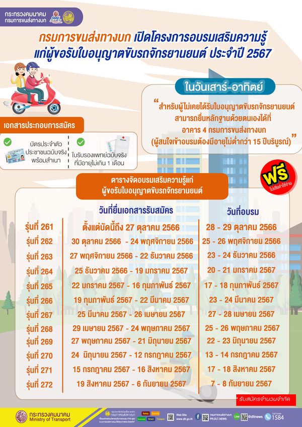 ทำใบขับขี่ ขนส่งฯจัดอบรมวันเสาร์-อาทิตย์ สมัครเมื่อไหร่? เช็กตารางอบรมที่นี่