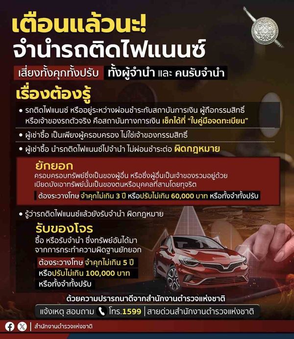 จำนำรถติดไฟแนนซ์ ผิดกฎหมาย! ตำรวจเตือนเจอทั้งจำและปรับ