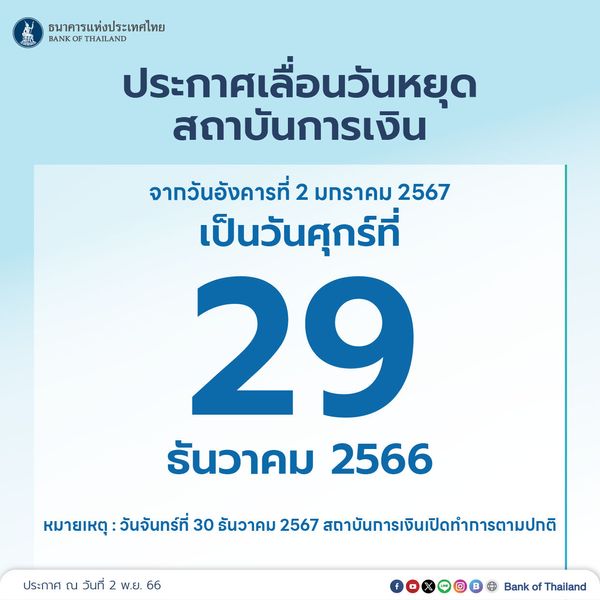 ธปท. ประกาศเลื่อนวันหยุดปีใหม่สถาบันการเงิน-ธนาคาร เป็น 29 ธันวาคม 2566