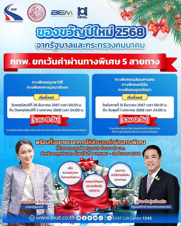 วันหยุดปีใหม่ 2568 ขึ้นทางด่วนฟรี 5 สายทาง เส้นทางไหนบ้างเช็กที่นี่