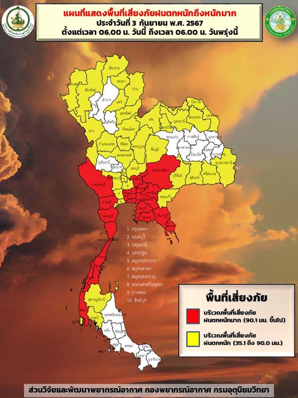 กรมอุตุนิยมวิทยา ประกาศเตือน ฉบับ 4 วันนี้ 53 จังหวัด ฝนตกหนักถึงหนักมาก