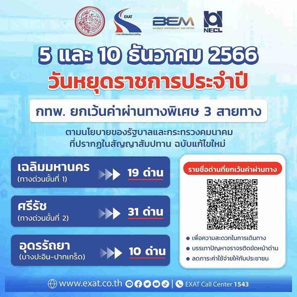 ขึ้นทางด่วนฟรี! วันรัฐธรรมนูญ 10 ธันวาคม 2566 เช็กเลย 60 ด่าน