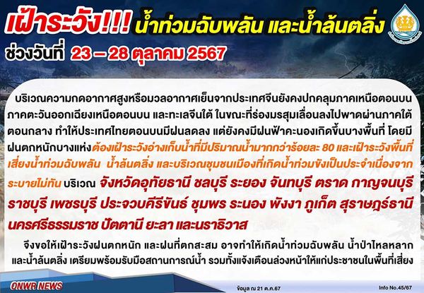 18 จังหวัดเช็กด่วน เฝ้าระวังน้ำท่วมฉับพลันและน้ำล้นตลิ่ง 23-28 ต.ค. 67