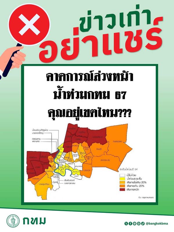 คาดการณ์ล่วงหน้าน้ำท่วมกรุงเทพฯ 67 คุณอยู่เขตไหน กทม. ยืนยันเป็น “ข่าวเก่า”