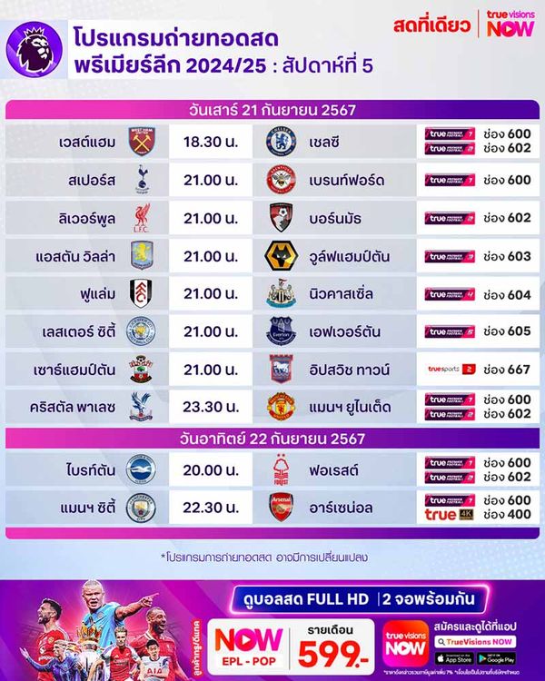 โปรแกรมการแข่งขัน พร้อมช่องถ่ายทอดสด พรีเมียร์ลีก 2024/25 สัปดาห์ที่ 5