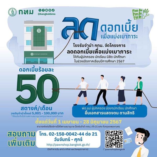 โรงรับจำนำ กทม. ลดดอกเบี้ย ช่วยแบ่งเบาภาระให้ผู้ปกครองก่อนเปิดเทอม