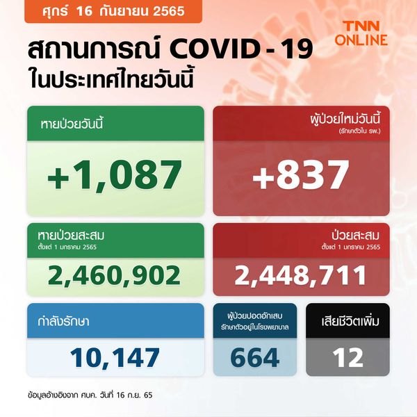 ไม่ถึงพัน! โควิด-19 วันนี้ ผู้ป่วยรักษาตัวใน รพ.เพิ่ม 837 ราย เสียชีวิต 12 ราย