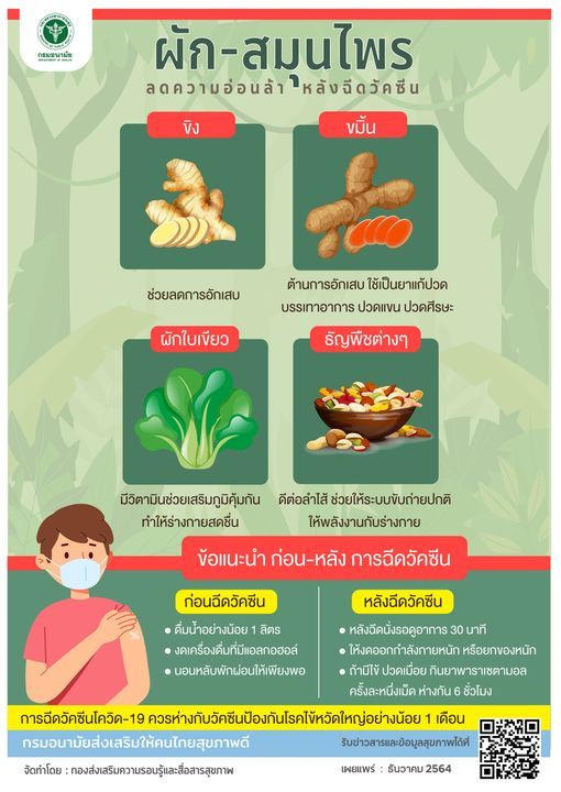 กรมอนามัย แนะ ขมิ้น ขิง ผักใบเขียว ธัญพืช ช่วยลดอาการข้างเคียงจากวัคซีนโควิด