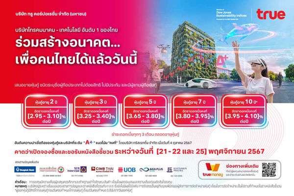 “ทรู คอร์ปอเรชั่น” เตรียมเปิดจองซื้อหุ้นกู้ชุดใหม่  ดอกเบี้ย [2.95 – 4.10]% ต่อปี อันดับเครดิต “A+”