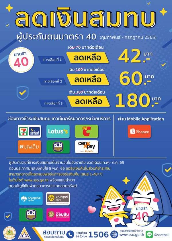 ประกันสังคม มาตรา 40 จ่ายเงินสมทบเต็มจำนวน งวด ก.พ.-ก.ค.65 ขอรับเงินคืนได้