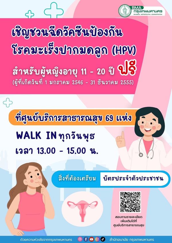 ฉีดฟรี! วัคซีน HPV ป้องกันมะเร็งปากมดลูก เช็กจุด Walk in ได้ที่นี่