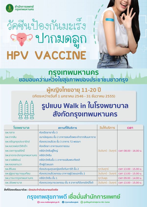 ฉีดฟรี! วัคซีน HPV ป้องกันมะเร็งปากมดลูก เช็กจุด Walk in ได้ที่นี่