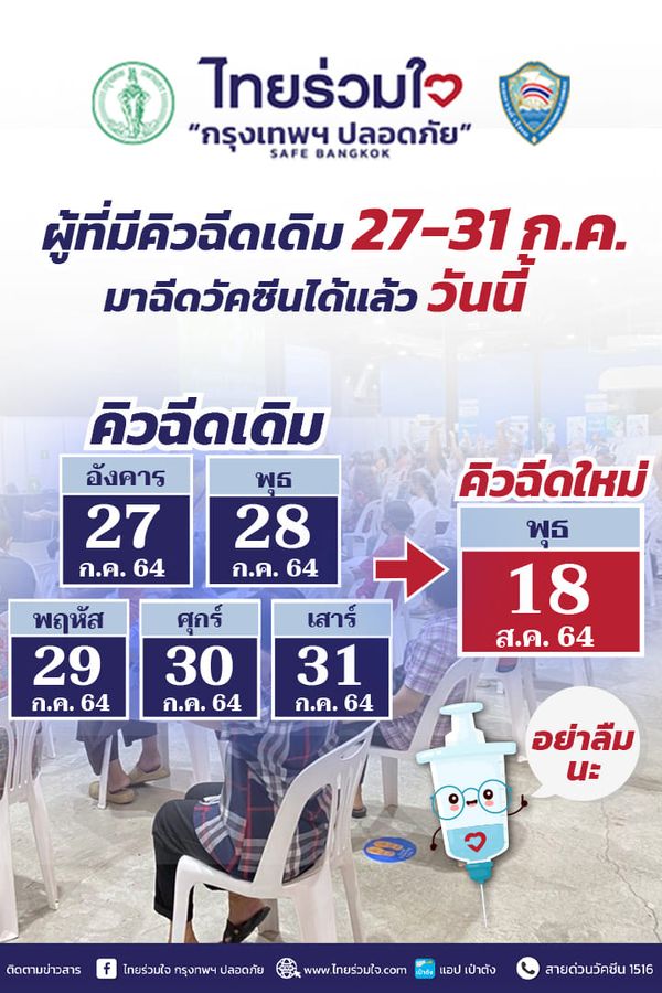 เช็กด่วนเลย! ไทยร่วมใจ แจ้งใครมีคิวฉีดวัคซีนเดิม 27-31 ก.ค. มาฉีดได้แล้ววันนี้