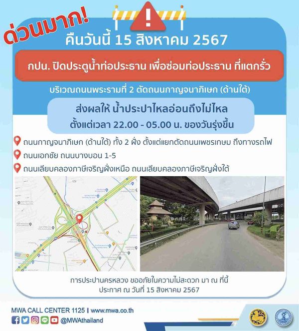 กปน. แจ้งด่วน! คืนนี้ 15 สิงหาคม น้ำประปาไหลอ่อนถึงไม่ไหล 