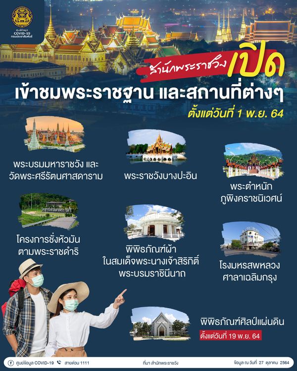 สำนักพระราชวัง เปิดให้เข้าชม พระราชฐาน และสถานที่ต่างๆ 1 พ.ย.นี้ 