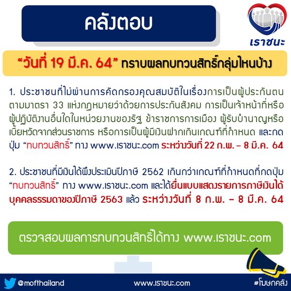 www.เราชนะ.com รีบเช็กเลย! พรุ่งนี้ประกาศผลทบทวนสิทธิ์กลุ่มไหนบ้าง 