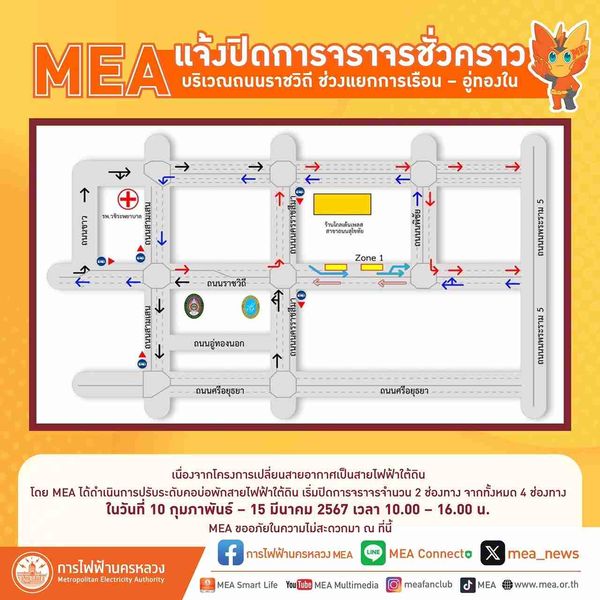 MEA แจ้งปิดการจราจรชั่วคราว บริเวณถนนราชวิถี ช่วงแยกการเรือน – อู่ทองใน