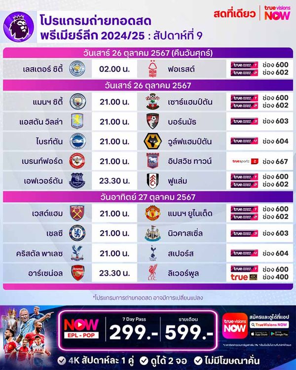 โปรแกรมการแข่งขัน พร้อมช่องถ่ายทอดสด พรีเมียร์ลีก 2024/25 สัปดาห์ที่ 9