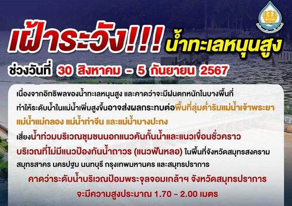 เตือน 6 จังหวัด เฝ้าระวังน้ำทะเลหนุนสูง เสี่ยงน้ำท่วมบริเวณชุมชนนอกแนวคันกั้นน้ำ