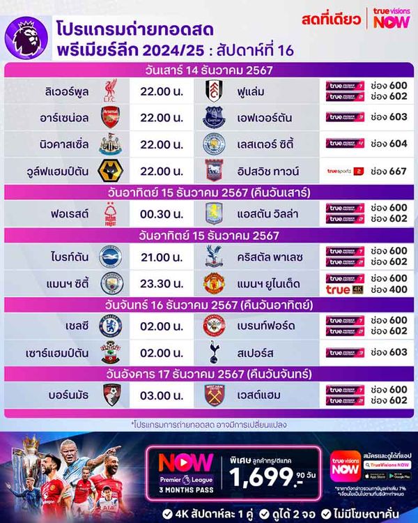 โปรแกรมพรีเมียร์ลีก ฤดูกาล 2024/2025 สัปดาห์ที่ 16