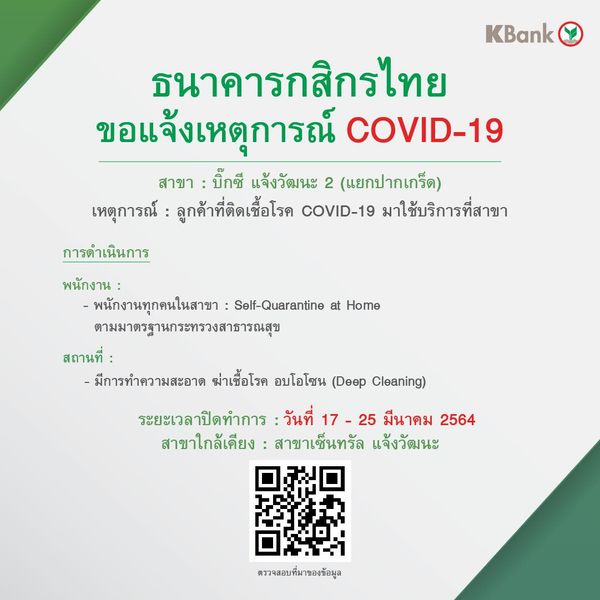 ปิดธ.กสิกรไทย สาขาบิ๊กซี แยกปากเกร็ด หลังมีผู้ป่วยใช้บริการ