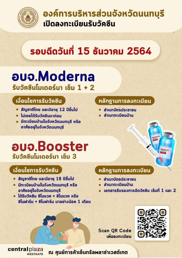 อบจ.นนทบุรี เปิดลงทะเบียนฉีดวัคซีน โมเดอร์นา เข็ม 1-3 รอบฉีด 15 ธ.ค.นี้