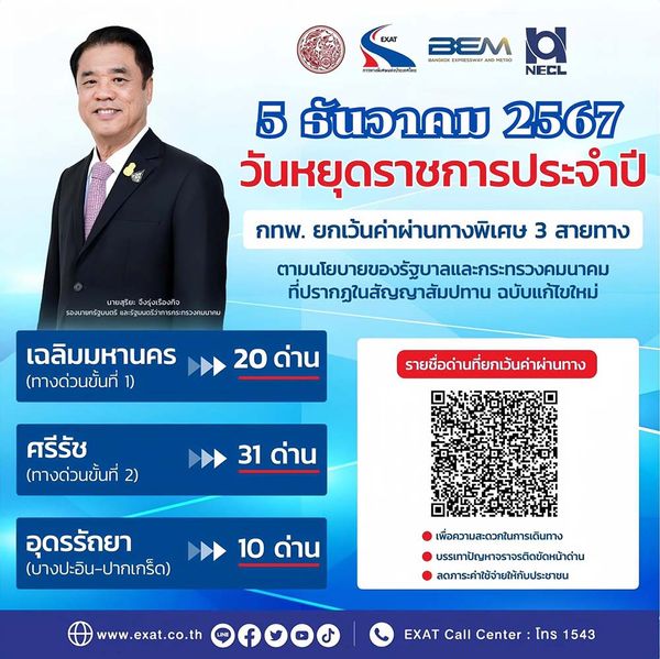 วันพ่อแห่งชาติ 5 ธันวาคม 2567 ข่าวดี ขึ้นทางด่วนฟรี 3 สายทาง รวม 61 ด่าน