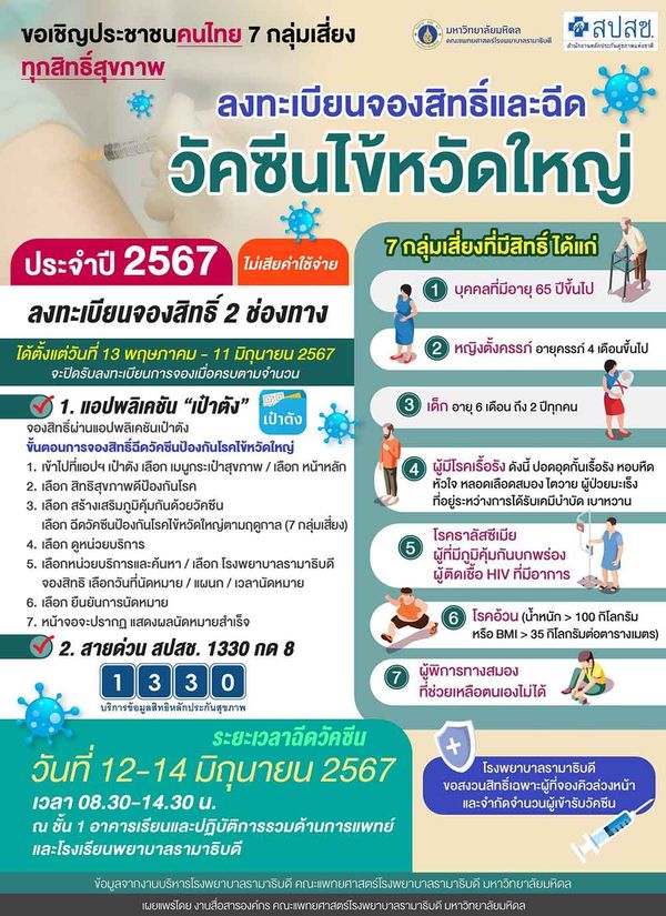 โรงพยาบาลรามาธิบดี ชวนคนไทย 7 กลุ่มเสี่ยง ลงทะเบียนฉีดวัคซีนไข้หวัดใหญ่ฟรี