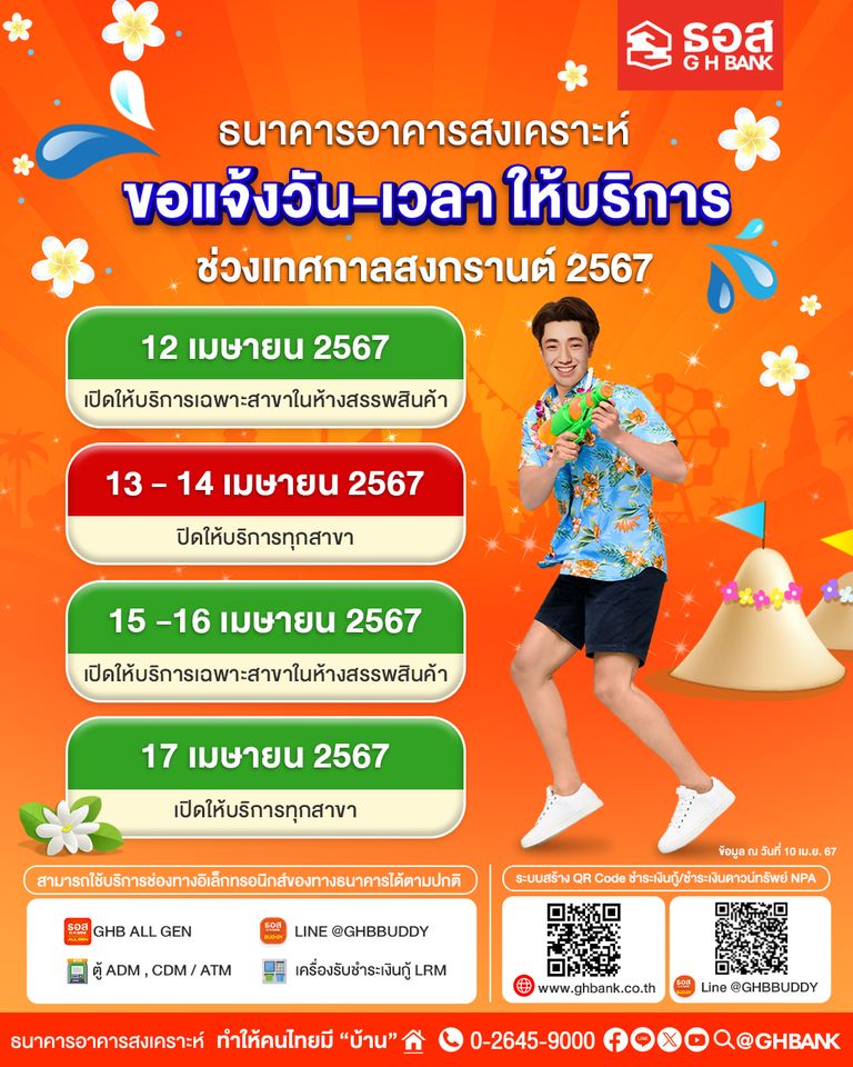 วันหยุดสงกรานต์ 2567 เช็กที่นี่ ธนาคารเปิด-ปิดทำการ วันและเวลาใดบ้าง