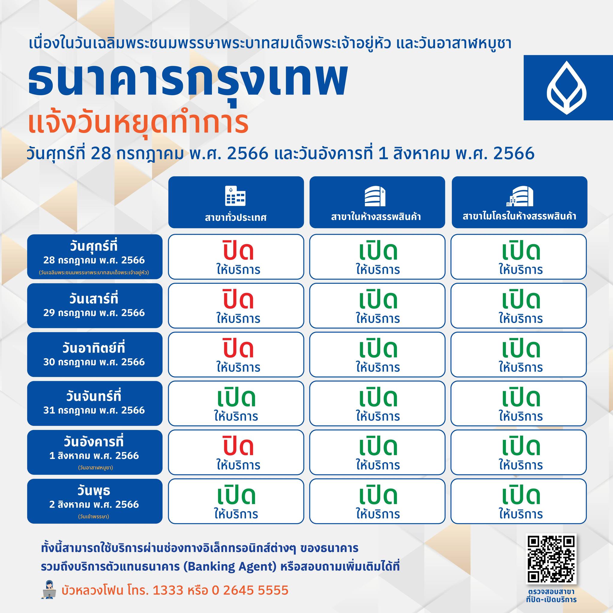 วันหยุดเดือนกรกฎาคมและสิงหาคม 2566 รวม 6 วัน เช็กที่นี่! ธนาคารเปิด-ปิดทำการวันเวลาใดบ้าง