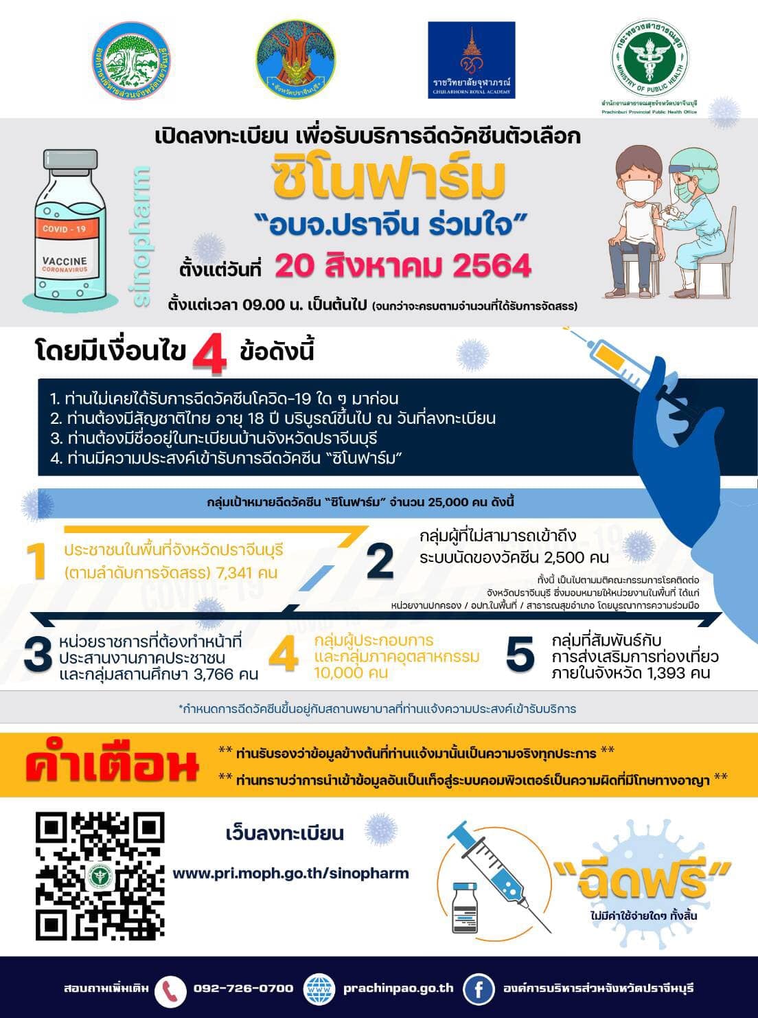 ปราจีนบุรี เปิดจองวัคซีน ซิโนฟาร์ม ผ่านเว็บไซต์ “อบจ.ปราจีน ร่วมใจ”  