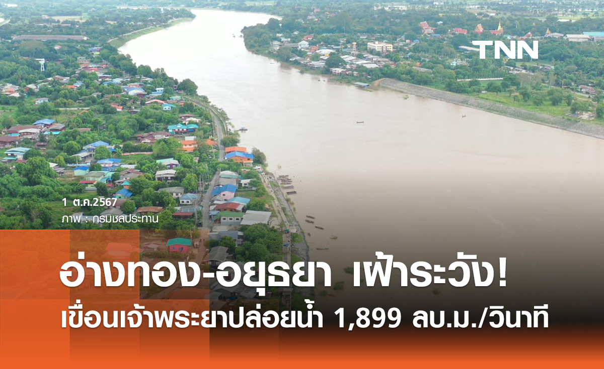 เขื่อนเจ้าพระยา ระบายน้ำ 1,899 ลบ.ม./วินาที แนะ อ่างทาง-อยุธยา ระวังระดับน้ำใกล้ชิด